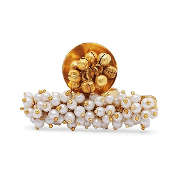 I Jewels Gold & Silver Plated Ethnic Adjustable Brass Finger Ring Embellished With ghungroo and pearl (FL224-1)