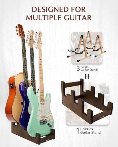 Image of STRICH Wooden Guitar Stand for Multiple Guitars, 3-Holder, Front Display Space-Saving Floor Guitar Rack, Padded Multi Guitar Stand for Home, Studio, Stage, GS-2 N(For 2 Electric+1 Acoustic)