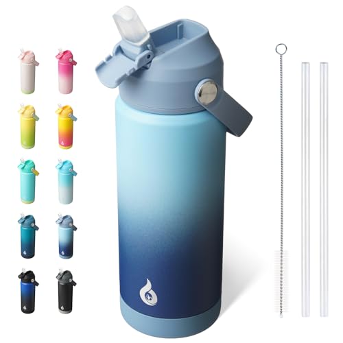 Image of BJPKPK Insulated Water Bottle with Straw Lid, 18oz Thermo Water Bottles with Soft Nozzle, Flex Handle & Non-slip Boot, BPA Free Leak Proof Stainless Steel Metal Thermo, Tumblers, Cups,Sky
