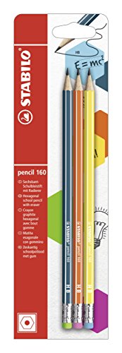 Crayon graphite HB - STABILO pencil 160 - blister x 3 crayons graphite HB avec bout gomme - Bleu ardoise / Orange / Jaune