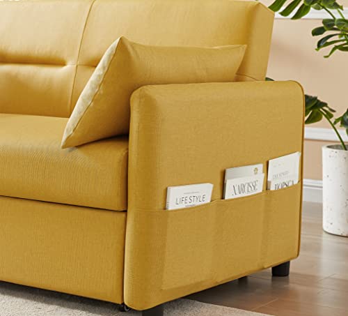 Melpomene Loveseat Sleeper Faux Leather Couch W/Pull-Out Bed And Adjustable Back, 57.1" Modern Convertible Sofa Bed W/ 2 Side Pockets And 2 Pillows (Yellow) #TOP6