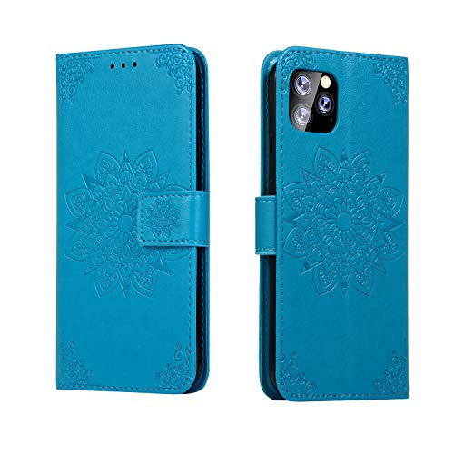 Shukukan Phone Cover iPhone 11 2019, Flower Embossed Wallet Case PU Leather Folio Stand Flip Magnetic Protective Holster with Wrist Strap Card Holders for iPhone 11 2019 6.1 inch Blue