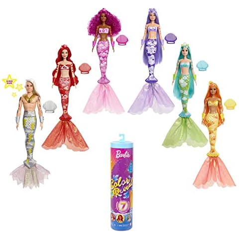 Barbie HCC46 - Color Reveal Meerjungfrauenpuppe mit 7 Überraschungen beim Auspacken: Metallic-Blau mit Regenbögen; Wasser enthüllt volles Aussehen & Farbwechsel; Geschenk für Kinder ab 3 Jahren Cover