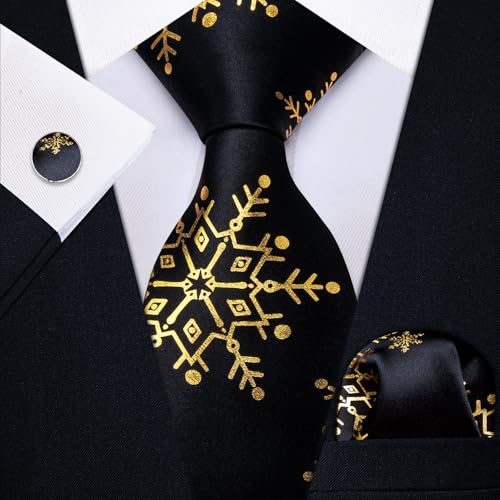 Image of YourTies Christmas Ties for Men Silk Gold Xmas Snowflake Necktie Pocket Square Cufflinks Party Holiday Festival New Year