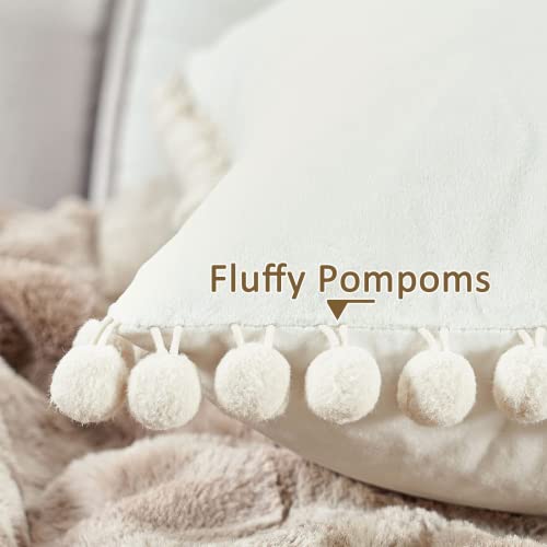 Top Finel Decorative Throw Pillow Covers With Pom-Poms Soft Particles Velvet Solid Cushion Covers 24 X 24 For Couch Bedroom Car, Pack Of 2, Cream #TOP2