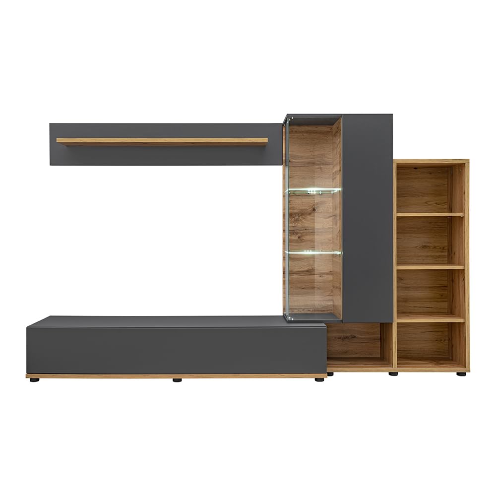 Lomadox Wohnwand Schrankwand Abauwand, 240cm breit, anthrazit mit Eiche, Modern, 1 Wandboard, 1 Hängevitrine, 1 Regalschrank, 1 Lowboard, inkl. LED-Beleuchtung