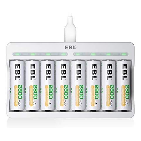 EBL Rechargeable AA Batteries Ni-MH 2800mAh 8 Pack and 8-Bay AA AAA Individual Rechargeable Battery Charger for NIMH NiCd with 5V 2A USB Fast Charging Function Cover