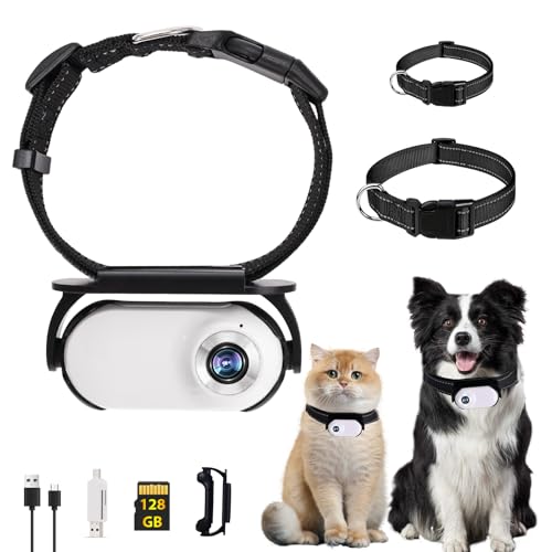 128GB Cat Camera Collar,1080P Collar Camera Mini Body for Pets, Action Recorder for Cats and Dogs,Dog Cam Collar Outdoor/Indoor,Birthday Gift for Pets Upgrade White