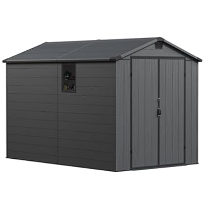 Greesum 6x10FT Plastic Storage Shed with Floor, Resin Outdoor Storaged Sheds with Lockable Double Door, Window and Vents, All-Weather Tool Sheds for Garden, Backyard, Patio, Dark Gray