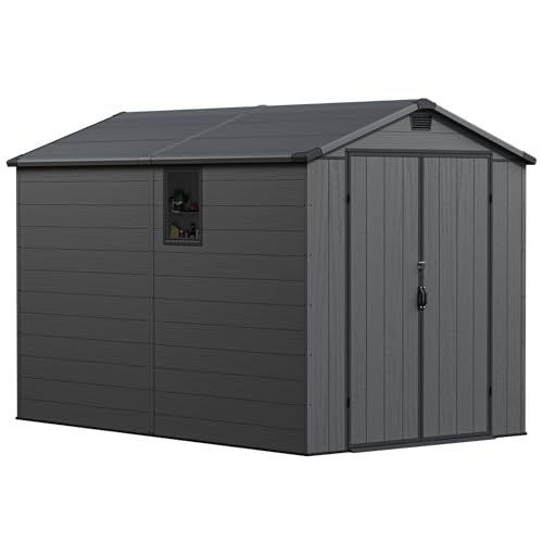 Image of Greesum 6x10FT Plastic Storage Shed with Floor, Resin Outdoor Storaged Sheds with Lockable Double Door, Window and Vents, All-Weather Tool Sheds for Garden, Patio, Backyard, Dark Gray