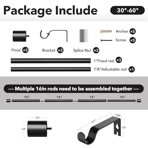 Heavy-Duty-Curtain-Rods-for-Windows-28-to-48-Inch-1-Inch-Black-Curtain-Rods-for-Outdoor-Farmhouse-Bedroom-Kitchen-Living-Room-Adjustable-Easy-Install-Curtain-Rods-A2Black30-60 Heavy Duty Curtain Rods for Windows 28 to 48 Inch 1 Inch Black Curtain Rods for Outdoor Farmhouse Bedroom Kitchen Living Room Adjustable Easy Install Curtain Rods A2Black30 60
