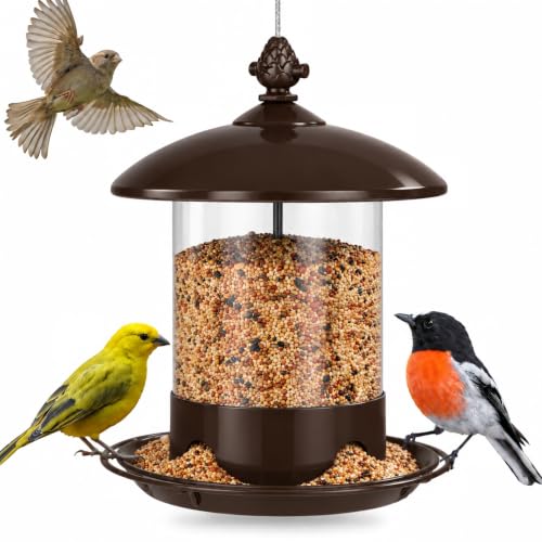 Gbekery Metal Bird Feeders for Outdoors Hanging, Weather Resistant Wild Bird Feeder with 360 Degree Feeding Tray, Brown
