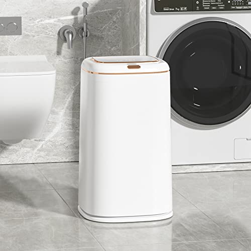 Image of Sooyee 40L Automatic Trash Can with Lid, 10.5 Gallon Smart Motion Sensor Trash Can for Bedroom, Bathroom, Kitchen, Office, White with Gold Border, 3 Opening Modes