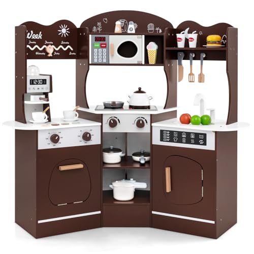 KOTEK Corner Play Kitchen for Toddlers, Wooden Toy Kitchen Set with Lights & Accessories, Coffee Maker, Washing Machine, Pretend Play Kids Kitchen Playset for Boys Girls Age 3+ (Brown)