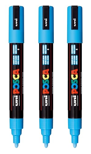 Image of posca PC-5M Water-Based Paint Markers, Reversible Medium Tip (1.8-2.5mm), Light Blue, 3 Count