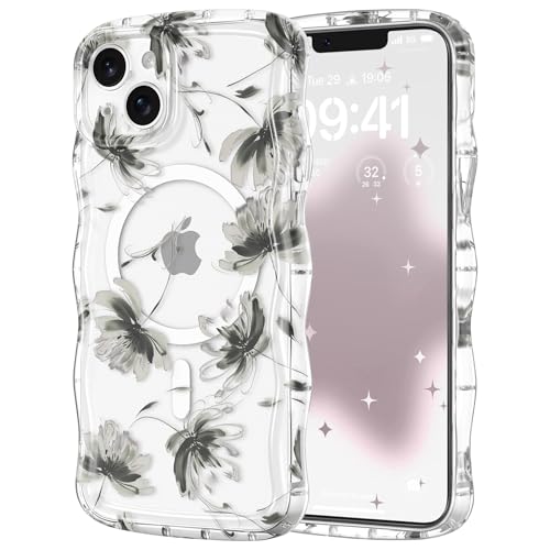 Étui magnétique pour iPhone 15 coque-fleur noire rigide contre les chutes