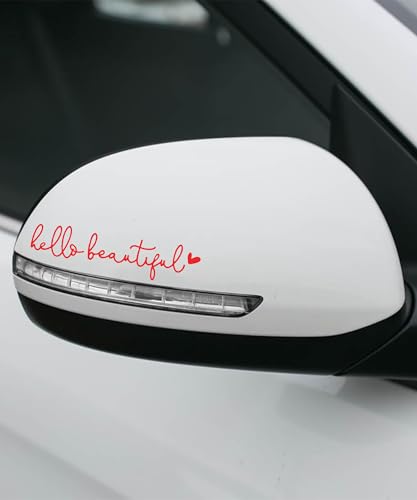 Image of RACOONA Rearview Mirror Decal,Hello Beautiful Decal,Car Accessories Stickers Rearview Mirror Sticker (Red)
