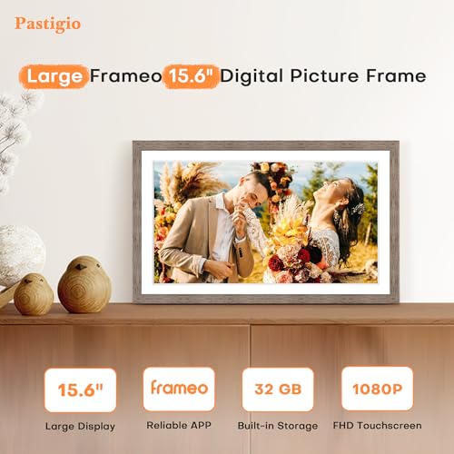 Image of Digital Picture Frame, Frameo 15.6'' Digital Photo Frame WiFi Large Display | 1920*1080 IPS FHD Touchscreen, 32GB, Wall-Mountable, Share Video Picture, Electronic Photo Frame Slideshow, Mom Gift, Greige