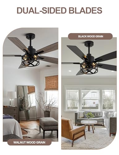 Image of 52 inch Farmhouse Rustic Caged Chandelier Fan with Light