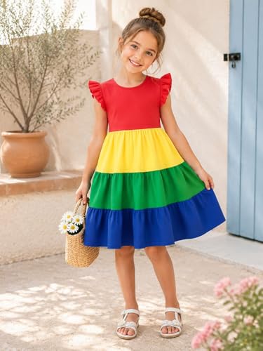 Image of HILEELANG Girls Cotton Tiered Dress Flutter Ruffle Sleeve Summer Swing Sundress Birthday Party Casual Outfit Colorblock 2-12Y