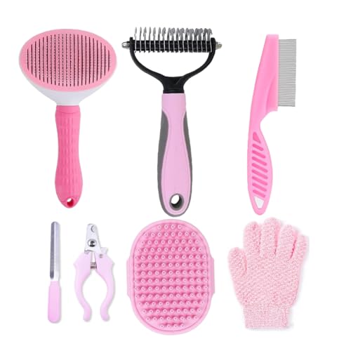 7 PCS Dog Grooming Kits,Pet Shedding Brush?Pet Self-Cleaning Brush with Pet Nail Clipper, Flea Comb and Shampoo Bath Brush