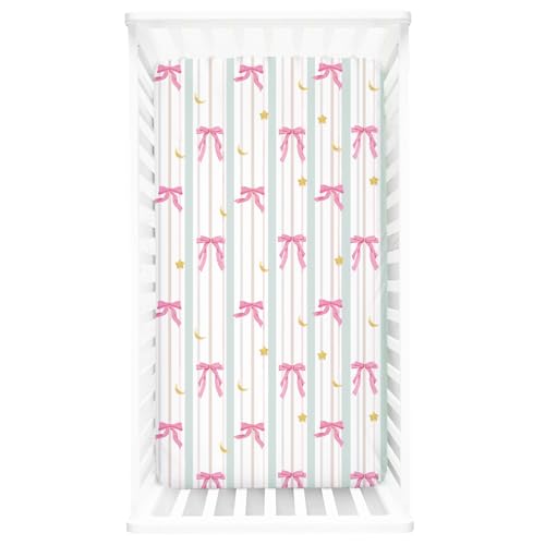 Image of Crib Sheet for Baby Girls Boys, Fitted Crib Sheet Neutral for Standard Crib and Toddler Mattress, Soft and Comfortable Microfiber Baby Mattress Sheet 52 inch X 28 inch Line Bow