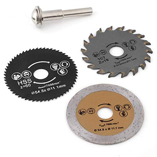 Juego de hojas de sierra circular, 54,8 mm HSS Mini Metal Madera Cerámica Disco de corte Sierra Rueda de corte Herramienta rotativa + Mandril, 3 piezas