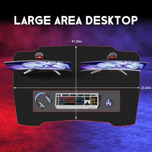 Image of 47 in Z-Shaped Home Computer Desk with Hook - Large Gaming Table for Work & Study, PC Gaming Workstation with Carbon Fiber Surface, Sturdy Metal Frame, Stable and Durable, Red