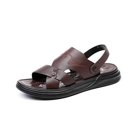 MANLADUO Sandálias masculinas de couro legítimo de uso duplo, sapatos de praia de fundo macio, chinelos casuais de negócios, Marrom, 39