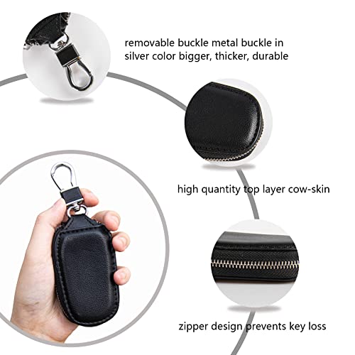 Amiss-Car-Key-Case-Universal-Key-Fob-Cover-Case-Key-Fob-Protector-Genuine-Leather-Car-Smart-Key-Chain-Keychain-Holder-Metal-Hook-and-Keyring-Zipper-Bag-for-Remote-Key-Fob-Black