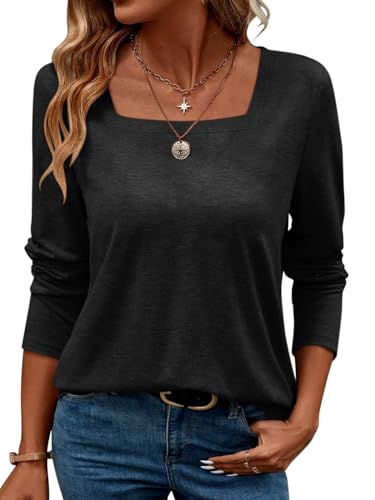 TICTICMIMI Women's Square Neck Long Sleeve Tops Casual T Shirts Loose Fit Lightweight Tunic Blouse Shirts
