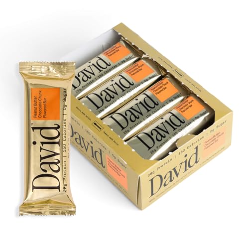 David High Protein Bars No Sugar - Sugar Free Protein Bars, Low Carb, Gluten Free - 28g of Protein, 150 Calories - David Bar On-The-Go Snack - Peanut Butter Chocolate Chunk Flavor, Pack of 12