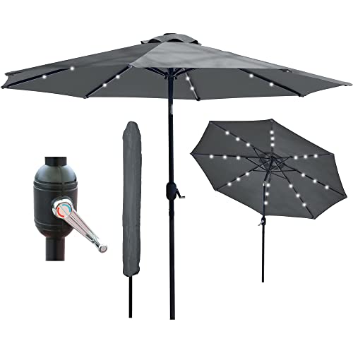 GlamHaus Garden Parasol Solar LED 2.7M,Tilting Table Umbrella with Crank Handle, Protection UV40, Includes Parasol Cover, Gardens and Patios - (Dark Grey)