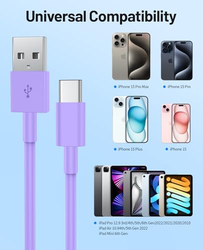 Image of Extra Long USB C Cable Fast Charging 15FT, [MFi Cerytified] Long USB A to USB C Cable for iPhone 16 15 Charger Cord 5m,Type C Cable C Charger for iPhone 16 15 Pro Max /16 15 Plus /iPad /Samsung (Purple)