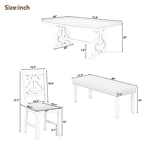 Fanye Wooden Farmhouse Style 6-Piece Upholstered Dining Furniture Sets Include 1 Table, 4 Cut-Out Chairs With Soft Cushions And Padded Bench For Home Apartment Kitchen & Dining Room,Gray+White #TOP4