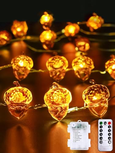Image of Acorn Fall Lights Battery Operated LED String Lights with Remote & Timer | 8 Modes, IP44 Waterproof, 10FT 30 LED Fall Fairy Lights Twinkle for Harvest Thanksgiving Halloween Party Indoor Outdoor Decor