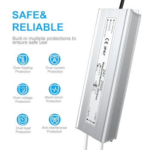 Image of LightingWill LED Driver 200 Watts Waterproof IP67 Power Supply Transformer, 90-140V AC to 24V DC Low Voltage Output, Adapter with 3-Prong Plug 3.3 Feet Cable for Outdoor Use, Computer Project