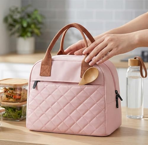 Image of SaleOn 7.5 LTR Thermal Insulated Lunch Bag for Women & Girls | Stylish Tiffin Bag | Big Size Food Carrier Tote for Office, College, School | Pink Travel Lunch Box Pouch with Handle (Pink)