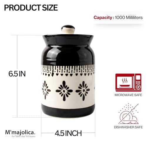 Image of Black Jhalar Ceramic Handglazed Pickle Jars Set of 1-1000 ML Each | 1 kg Achaar Martban Barni Jar with Lid | Ceramic Storage Jar Container Pickle /Achar, Chatney