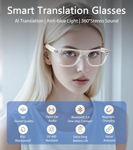voogil AI Smart Glasses, Multifunctional Bluetooth Glasses for Men & Women, 116 Languages & Accents Translator Device, Blue Light Filter & Polarized UV Protection Lenses Translation Glasses, White — view 2