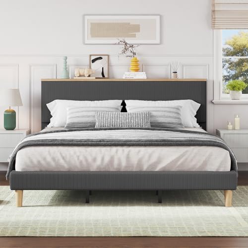 Image of Bestier Queen Size Bed Frame with Headboard Shelf & LED, Upholstered, Grey