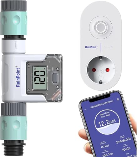 RAINPOINT Contatore Acqua con Hub WiFi, Pratico Flussometro Acqua per Tubo da Giardino, 4 Modalità per Controllare il Consumo D'acqua, per Rubinetti/Dispositivi di Consumo