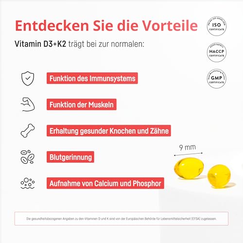 Vitamin D3 K2 Hochdosiert 5000 IE – 240 Softgel Kapseln – K2 MK-7 All-Trans 100µg – Mit Leinöl für bessere Aufnahme – Für Immunsystem, Knochen und Muskeln – Ohne Zusätze 3