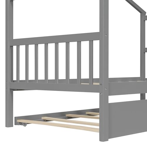 Image of Twin Size Creativity House Bed with Roof Frame and Twin Size Trundle, Montessori Wooden Platform Bed with Sturdy Slats Support for Kids Teens Girls Boys, No Box Spring Needed (Gray-02, Twin)