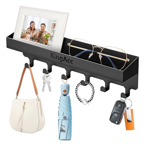 KingAcc Key Holder for Wall Decorative, Wall Mounted Key and Mail Organizer, Adhesive Key Rack/Hanger with Tray,6 Key Hooks for Entryway Hallway Kitchen Farmhouse (Black)