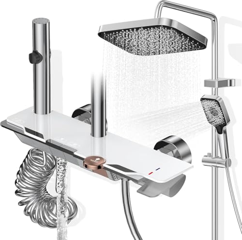 Wiorhix Colonne de Douche avec Mitigeur, Ensemble Douche Tête Pluie XXL 31,5cm, Panneau Commande Piano 4 Fonctions, Hauteur Réglable 83-110cm, pour Baignoire...