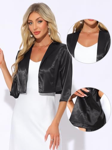 Allegra K Satin Cardigan for Women's Open Front Elegant Formal 3/4 Sleeve Bolero Shrug Jacket2