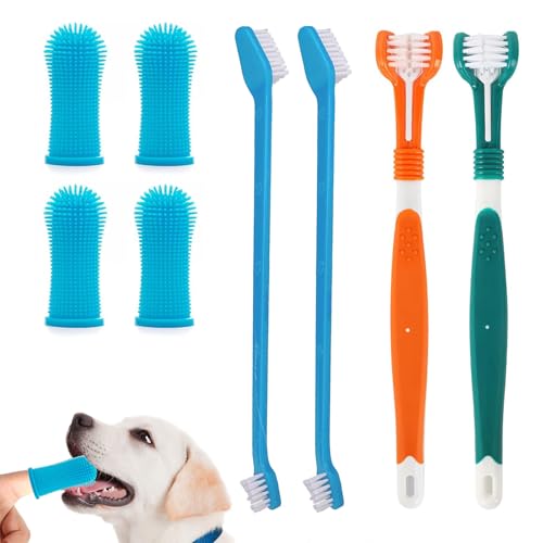 8 Pcs Dog Toothbrush Set,4 Pet Finger Toothbrushes with 2 Dual-Dead Toothbrush and 2 Triple Heads Dog Toothbrushes,360°Silicone Pet Finger Toothbrush for Small Medium,Dog Oral Hygiene Deep Clean