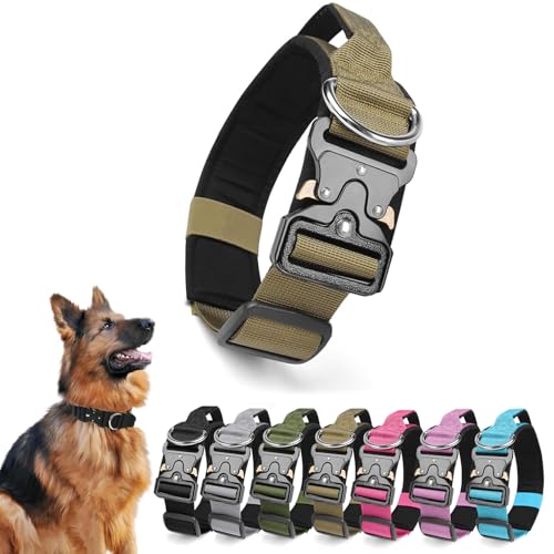Ledeak Collare Tattico per Cani con Maniglia, Collare Regolabile per Cani Militare in Polipropilene con Fibbia in Metallo, Taglia Media Imbottito Morbida Tactical Dog Collar (Cachi, L)