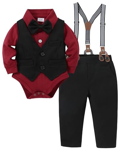 Image of YUEMION Baby Boy Clothes Wedding Outfit Suits, 0-18 Months Infant Boy Gentleman Set, Dress Shirt+Vest+Suspender Pants+Bowtie